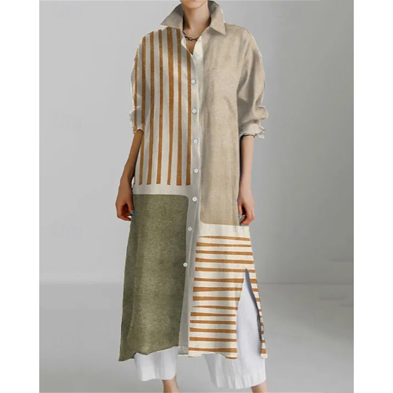 Women's Long Dress Maxi Dress Shirt Dress Casual Dress Print Dress Fashion Modern Daily Weekend Regular Fit Geometric Flower Long Sleeve Shirt Collar Yellow Blue Khaki Dark Blue Spring Fall3