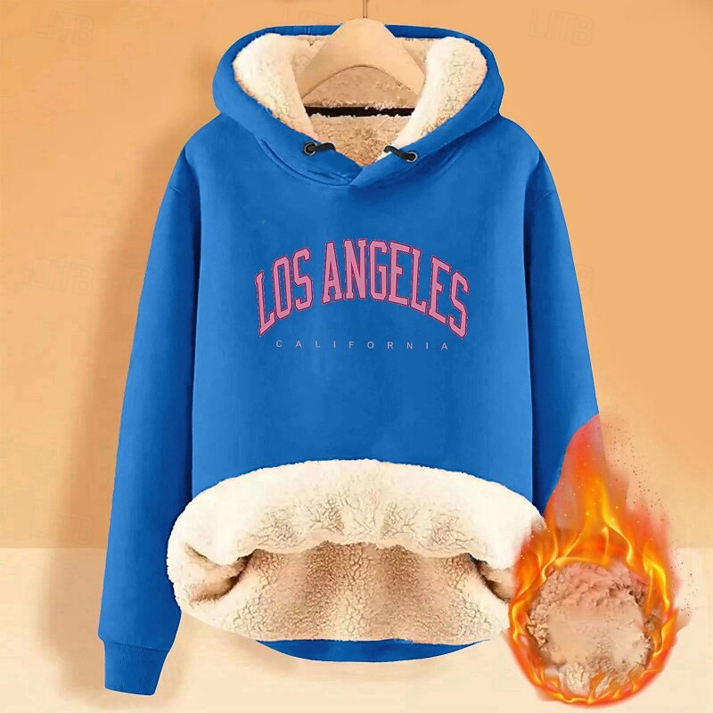 Women's Fleece Lined Pullover Sweatshirt Pajamas Pullover Hoodie Sweatshirt Letter Streetwear Casual Long Sleeve Hooded Regular Tops Street Holiday Going out Print Denim Blue Navy Blue Blue Dark Blue4