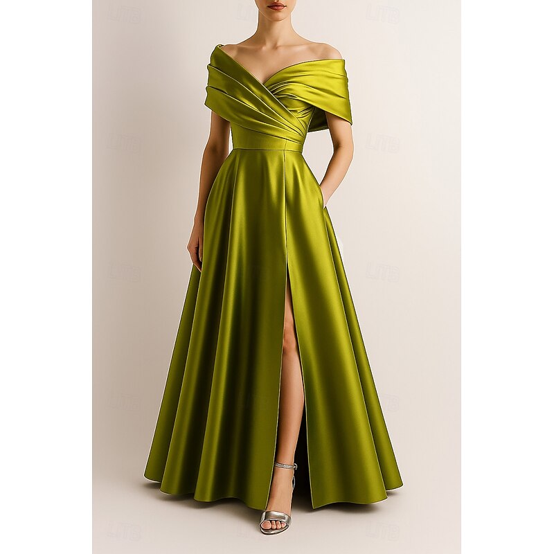 A-Line Evening Gown Elegant Formal Dress Formal Wedding Floor Length Sleeveless Off Shoulder Stretch Satin with Pleats Ruched Slit 20252