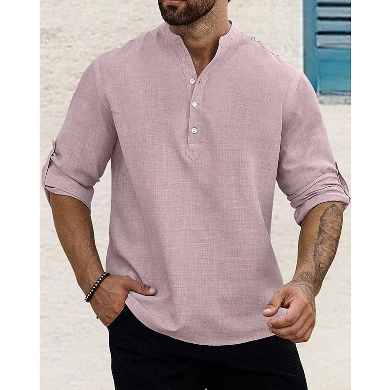 Men's Shirt Popover Shirt Summer Shirt Casual Shirt Beach Shirt Black White Light Green Pink Light Blue Long Sleeve Plain Band Collar Vacation Hawaiian Clothing Apparel Polyester Fashion Casual