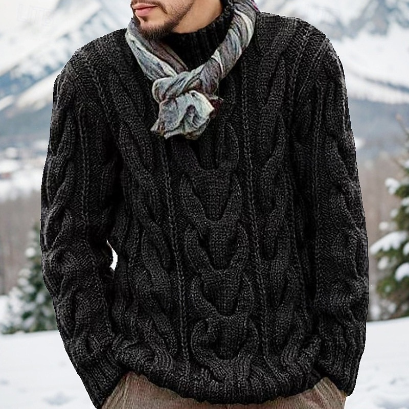Men's Sweater Pullover Sweater Jumper Cable Knit Regular Tops Knitted Slim Fit Plain Turtleneck Knitwear Contemporary Casual Daily Wear Clothing Apparel Fall Winter Black Red M L XL2