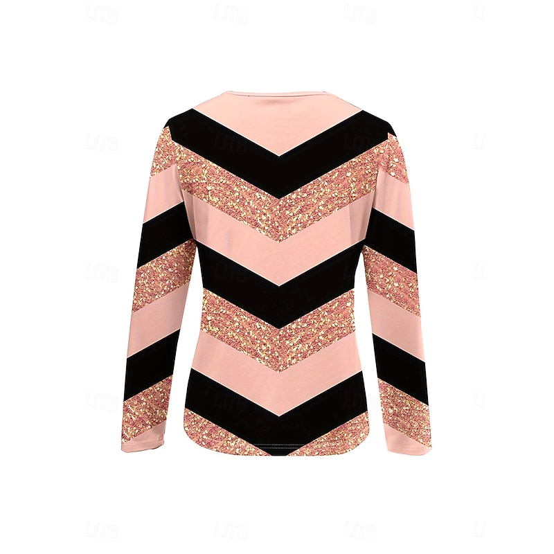 Women's T Shirt Graphic Geometric Striped Elegant Vintage Stylish Long Sleeve Round Neck Notched Neck Regular Tops Daily Weekend Zipper Print Pink Spring Fall Winter3