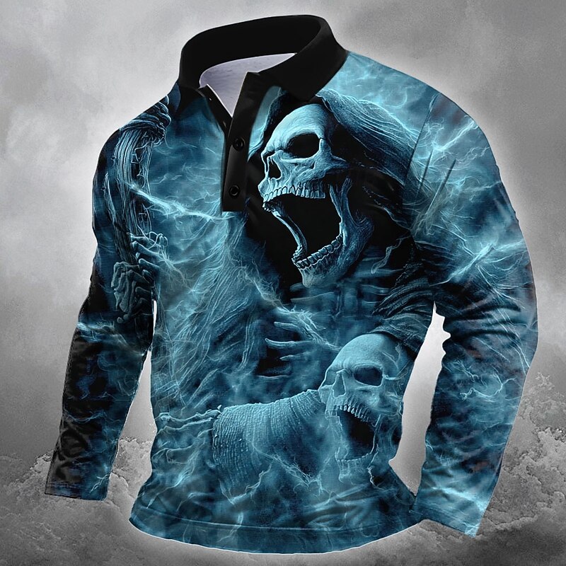 Day of the Dead Men's Skull Polo Long Sleeve Polo Shirts Lapel Casual Outdoor Street Athleisure Daily Wear 3D Print Buttons Spring Fall Winter Red Blue Purple