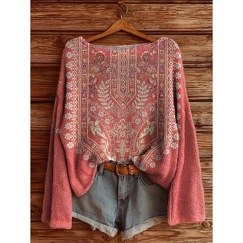 Women's Sweater Casual Soft Floral Vintage Ethnic Long Sleeve Crew Neck Regular Tops Daily Holiday Print Pink Red Green Spring Fall Winter3