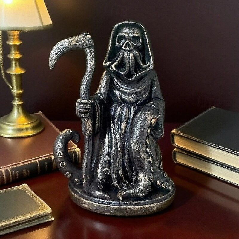 Skeleton Death Statue Halloween Gothic Resin Skeleton Grim Reaper Octopus Statue Decor Small Reaper Figurine of Holy Death for Patio Lawn Home Bedroom Bookshelf4