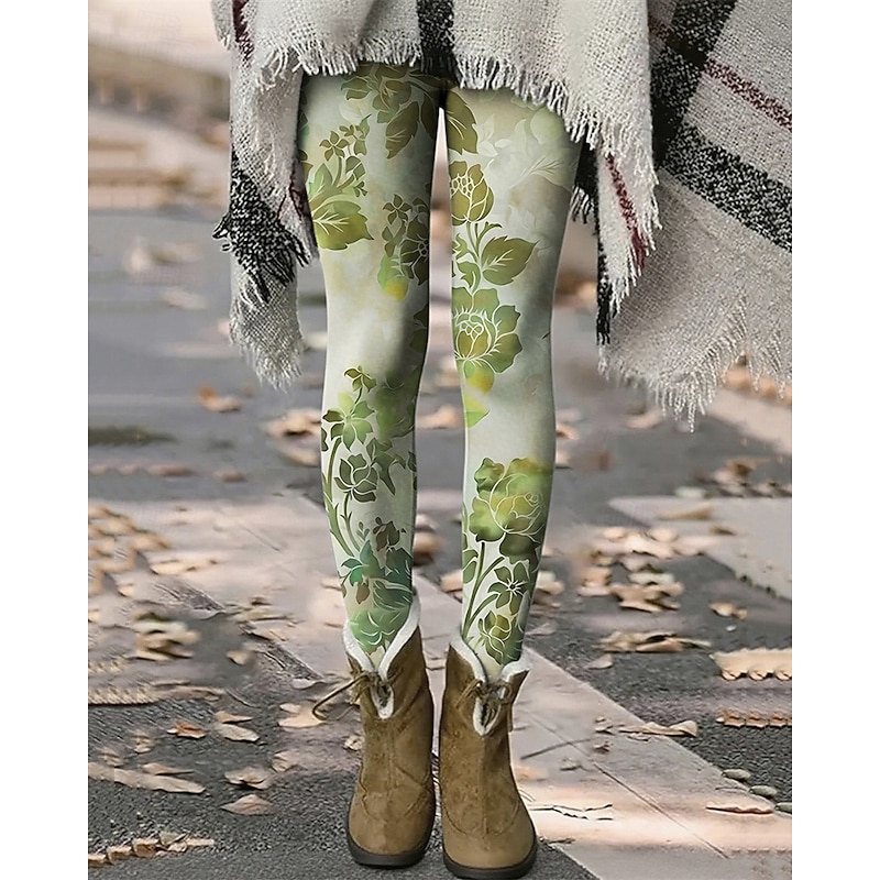 Women's Pants Trousers Leggings Cozy Leggings Streetwear Casual Full Length High Waist Floral Elastic Waist Print Breathability Comfortable Stretchy Vacation Street Daily Wear Red Blue Orange Green2