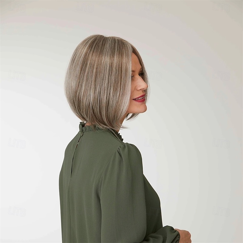 Women’s Ash Blonde Ombre Straight Bob Wig with Dark Roots Natural Looking Realistic Synthetic Hair Heat Resistant Short Elegant Daily Wear Fashion Style2
