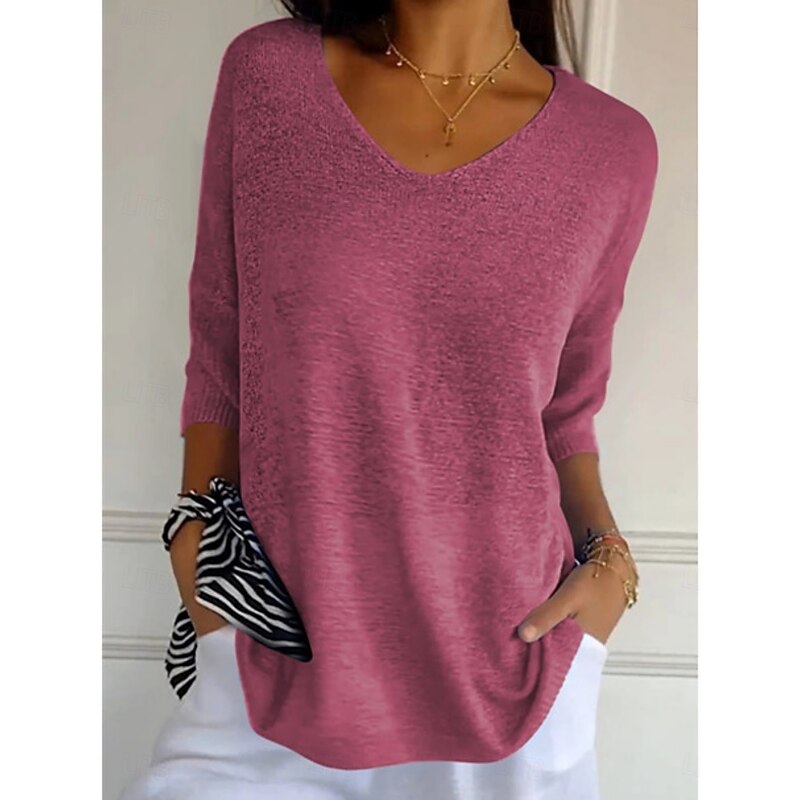 Women's Sweater Pullover Daily Stylish Casual Solid Color Ribbed V Neck Knitted 3/4 Length Sleeve Regular Tops Knit Outdoor Daily Yellow Army Green Summer Spring3