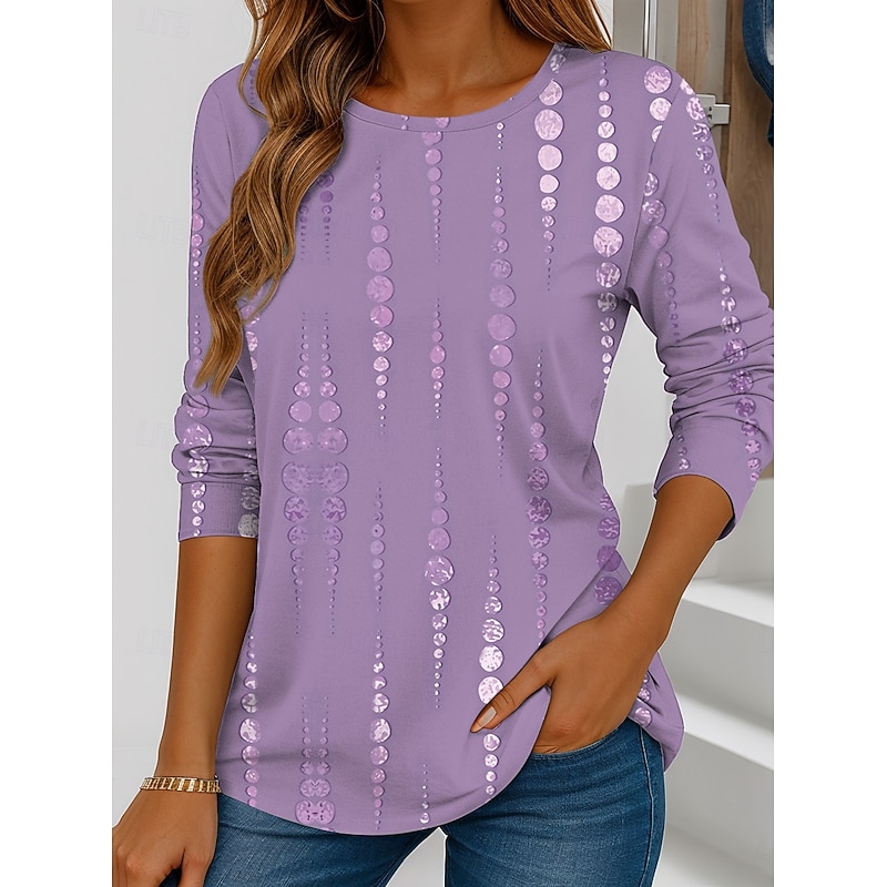 Women's T Shirt Graphic Geometric Striped Vintage Stylish Casual Long Sleeve Crew Neck Round Neck Regular Tops Daily Print Pink Blue Purple Rose Pink Summer Spring Fall2