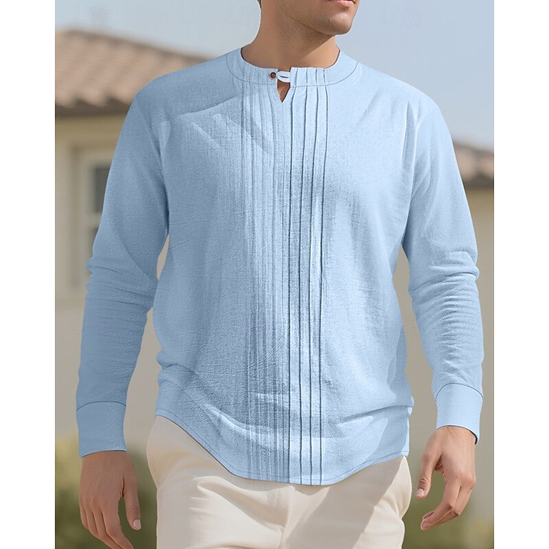 Men's Shirt Linen Shirt Casual Shirt Cotton Shirt Plain Vacation Hawaiian Black White Dark Green Khaki Long Sleeve Crew Neck Spring Fall Clothing Apparel Pleats