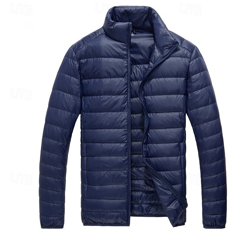 Men's Winter Coat Puffer Jacket Padded Jacket Pocket 50% White duck down Vacation Daily Wear Date Regular Fashion Casual Comfortable Thermal Warm Winter Solid / Plain Color Wine Black Navy Blue Royal2