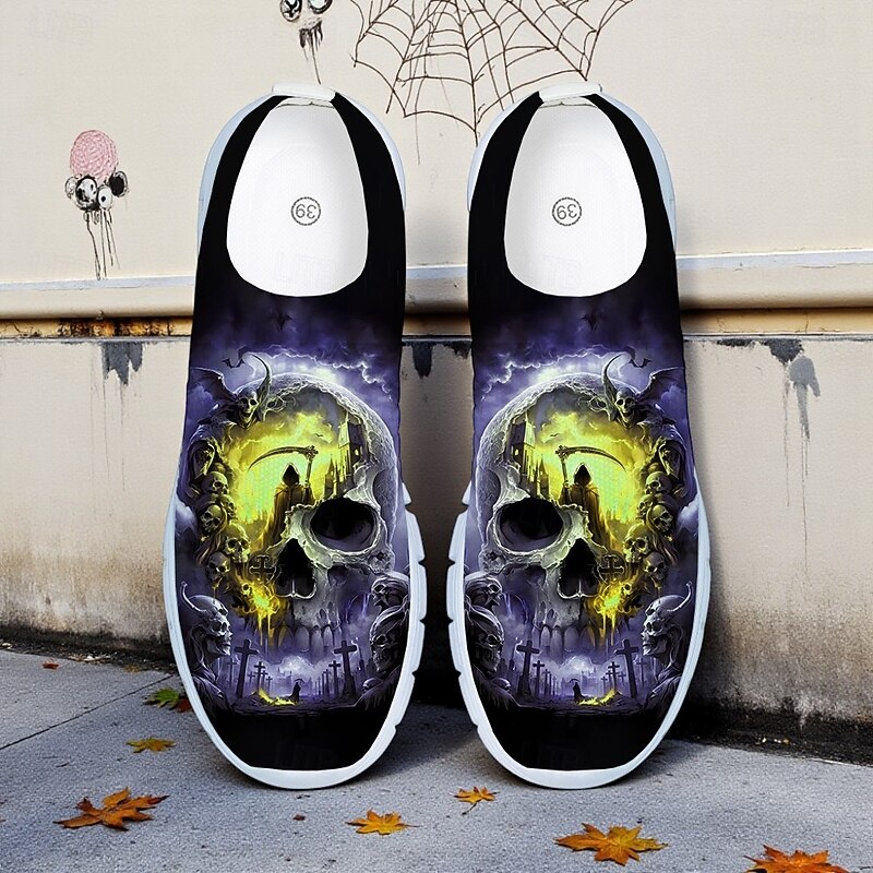 Men's Slip-On Sneakers with Grim Reaper Skull Print – Halloween Themed Casual Shoes for Party, Cosplay and Streetwear