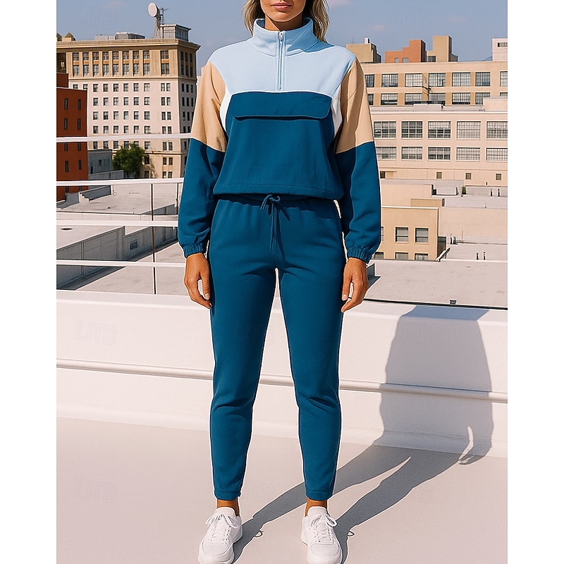 Women's Tracksuit Sweatpants Sportswear Quarter Zipper with Pocket Color Block Clothing Suit Fall Red Blue Outdoor Travel Sports High Waist Long Sleeve Sport Activewear Micro-elastic Regular Fit