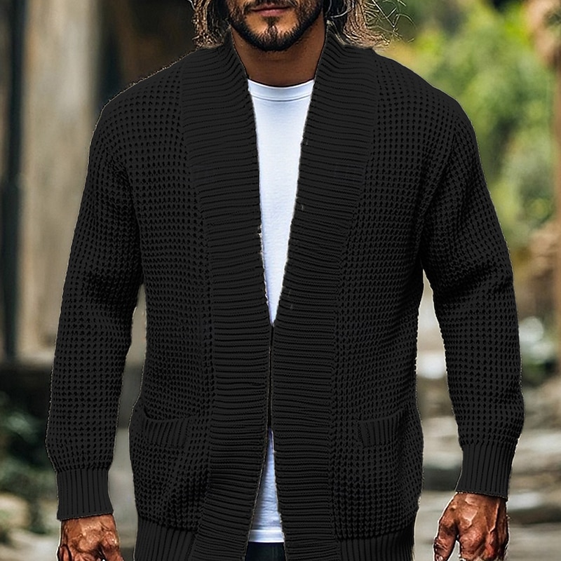 Men's Sweater Cardigan Sweater Knit Sweater Cardigan Jacket Ribbed Crochet Knit Tunic Pocket Solid / Plain Color Open Front Fashion Classic Vacation Daily Wear Clothing Apparel Fall Winter Black Blue3