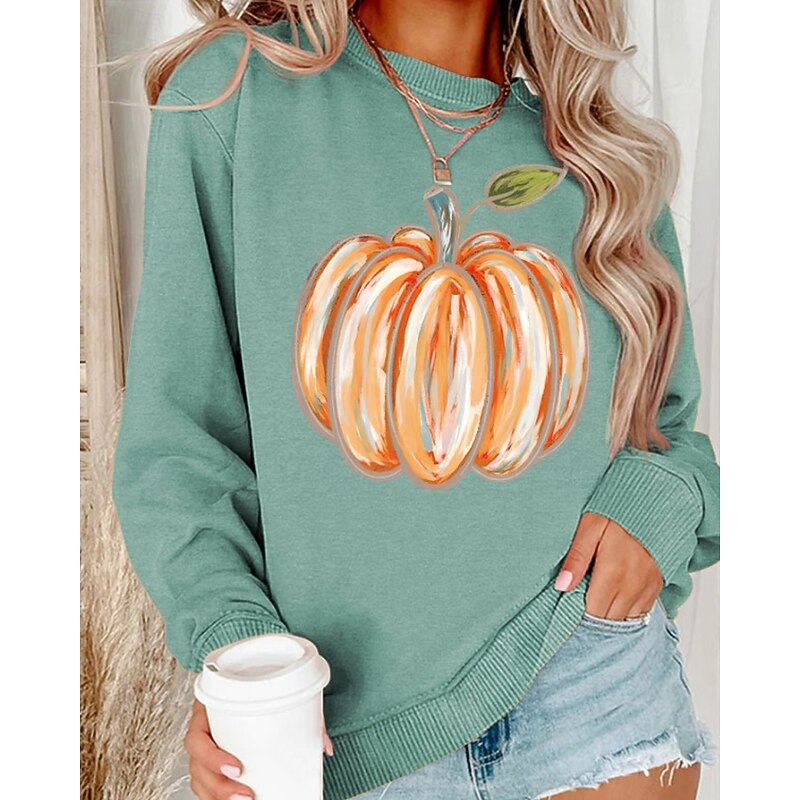 Women's Pullover Sweatshirt Sweatshirts Pumpkin Streetwear Casual Long Sleeve Crew Neck Regular Tops Street Holiday Going out Print Rose Gold Grass Green Black Yellow Light Green Fall2
