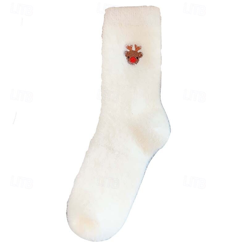Winter Christmas Socks for Women, Thick Warm Fuzzy Socks with Snowman & Santa Claus Design, Cozy White Mink Plush Holiday Socks, Cute Xmas Tree Pattern Sleep Socks3