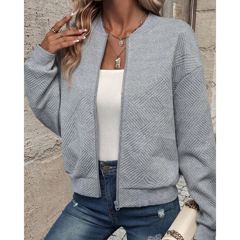 Women's Casual Jacket Comfortable Zipper Fashion Plain Going out Weekend Zipper Regular Crewneck Regular Fit Long Sleeve Outerwear Black White Pink Fall Winter