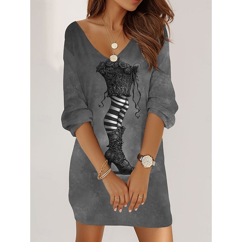 Halloween Women's Witch Print Mini Dress Shift Dress Vacation Casual Daily Holiday Cocktail Party Regular Fit Graphic Abstract Long Sleeve V Neck Purple Green Gray Summer Spring Fall Autumn3