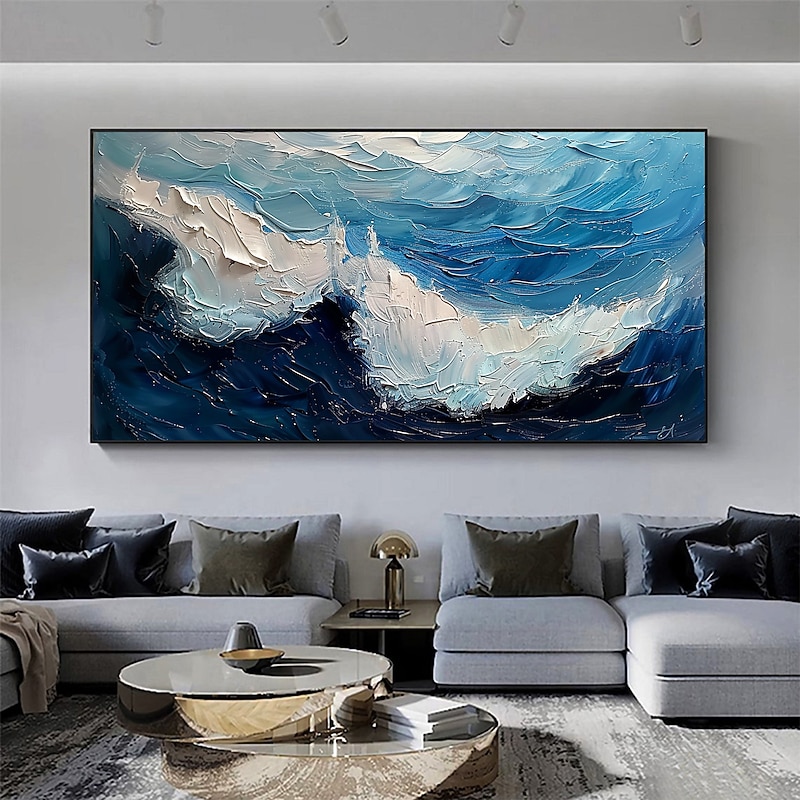 Handmade Original Blue Ocean Waves Oil Painting On Canvas Abstract Seascape Wall Art for Home Decor With Stretched Frame Without Inner Frame Painting2