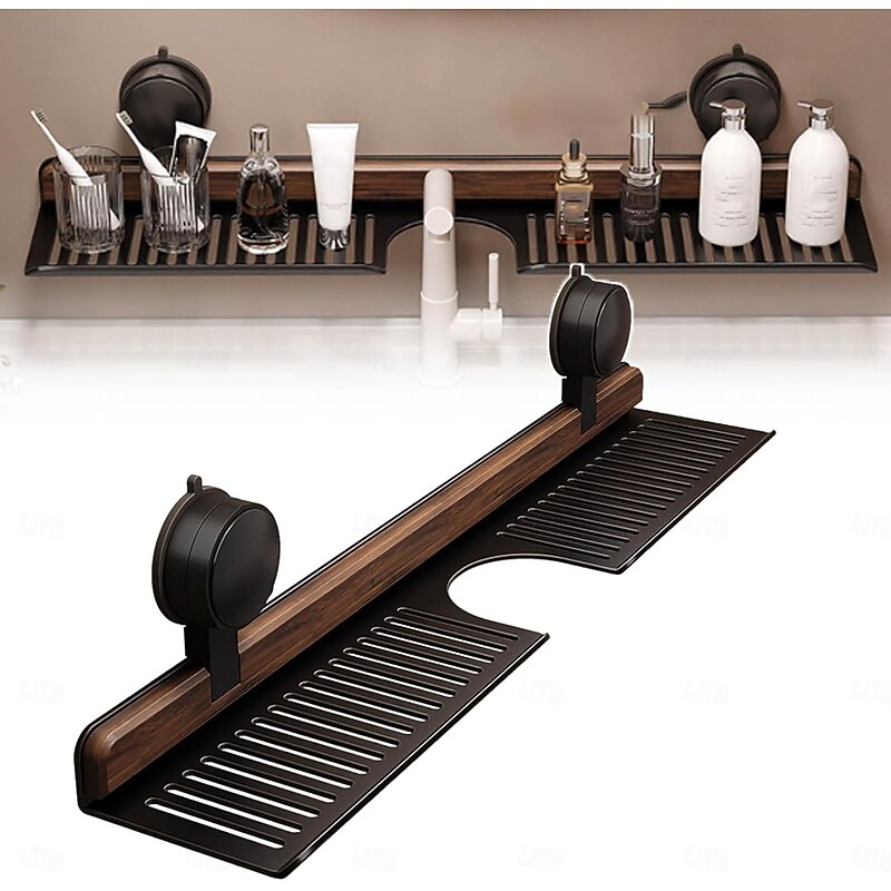 Walnut Suction Cup Bathroom Shelf Wall Mounted Sink Shelf Over Faucet Removable No-Drill Wood Faucet Storage Rack for Toiletries, Bottles and Small Accessories4