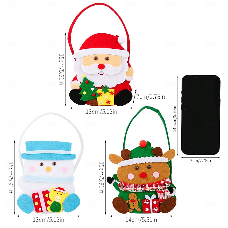 3PCS Christmas Cartoon Gift Bags, Santa Claus Candy Bags, Kids Christmas Tote Bags for Gifts, Apples, Candies and Holiday Party Favors4