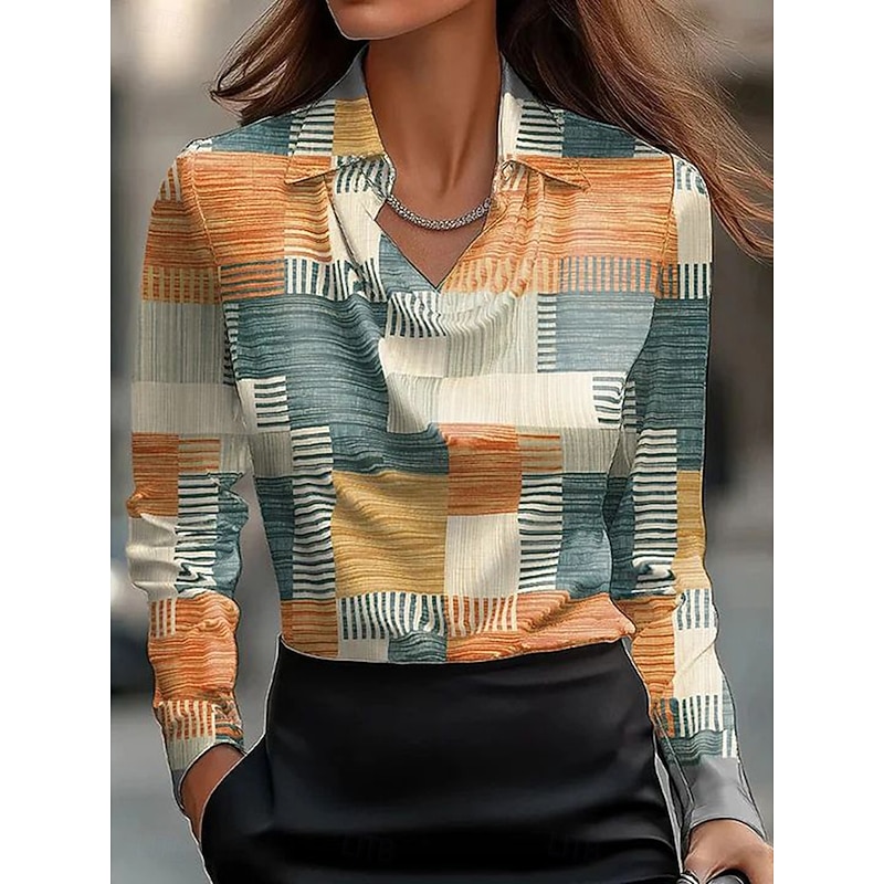 Women's Shirt Dressy Tops Formal Work Shirt Graphic Geometric Elegant Stylish Casual Long Sleeve Cowl Neck V Neck Regular Tops Party Evening Wear Daily Ruched Draped Yellow Brown Green Spring Fall