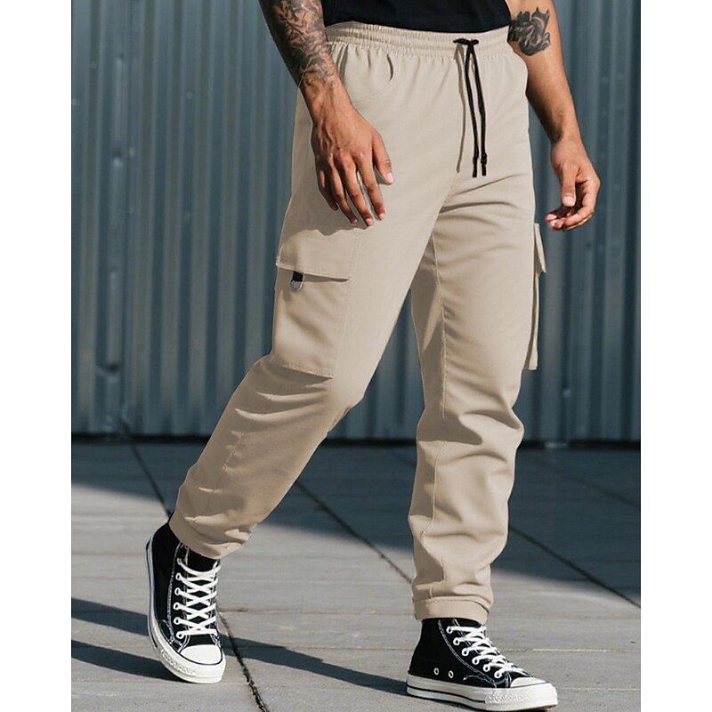 Men's Cargo Pants Trousers Drawstring Elastic Waist Multi Pocket Plain Camouflage Wearable Outdoor Daily Camping & Hiking Fashion Classic Black Army Green2