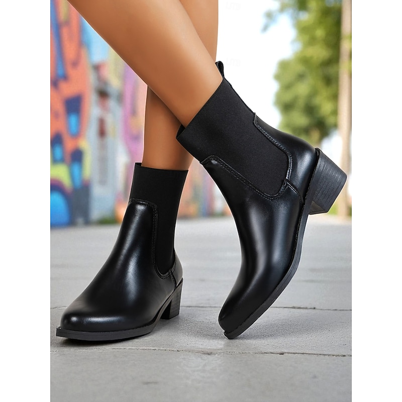 Women's Black Faux Leather Chelsea Ankle Boots - Elastic Slip-On Low Heel Booties for Daily Commuting, Fall Outfits and Urban Casual Wear