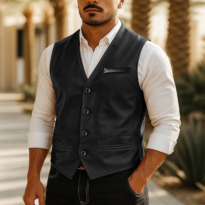 Men's Vest Waistcoat Faux Leather Vest Casual Daily Western Style Spring Fall Pocket Buttons Polyester PU Leather Comfortable Plain Herringbone Single Breasted V Neck Slim Fit Black Brown Vest3
