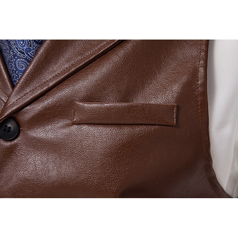 Men's Western Vest Waistcoat Leather Vest Formal Vacation Casual Daily Vintage Cowboy Spring Fall Pocket Buttons 100% Polyester PU Leather Comfortable Plain Single Breasted Notch lapel collar Slim4