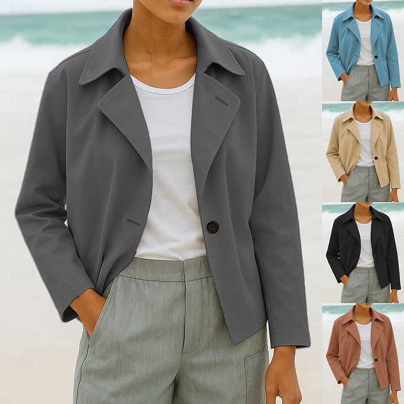 Women's Casual Jacket Comfortable Breathable Buttons Casual Plain Vacation Street Casual Daily Wear Single Breasted Short Turndown Regular Fit Long Sleeve Outerwear Black Blue Brown Spring Fall