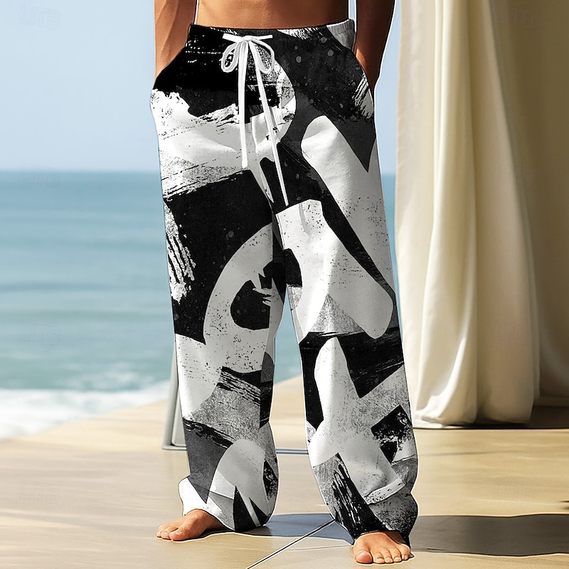 Men's Trousers Baggy Pants Casual Pants Elastic Drawstring Waist Linen-Like Pants with Pockets Abstract Letter Print Full Length Outdoor Vacation Streetwear Black Wine Inelastic