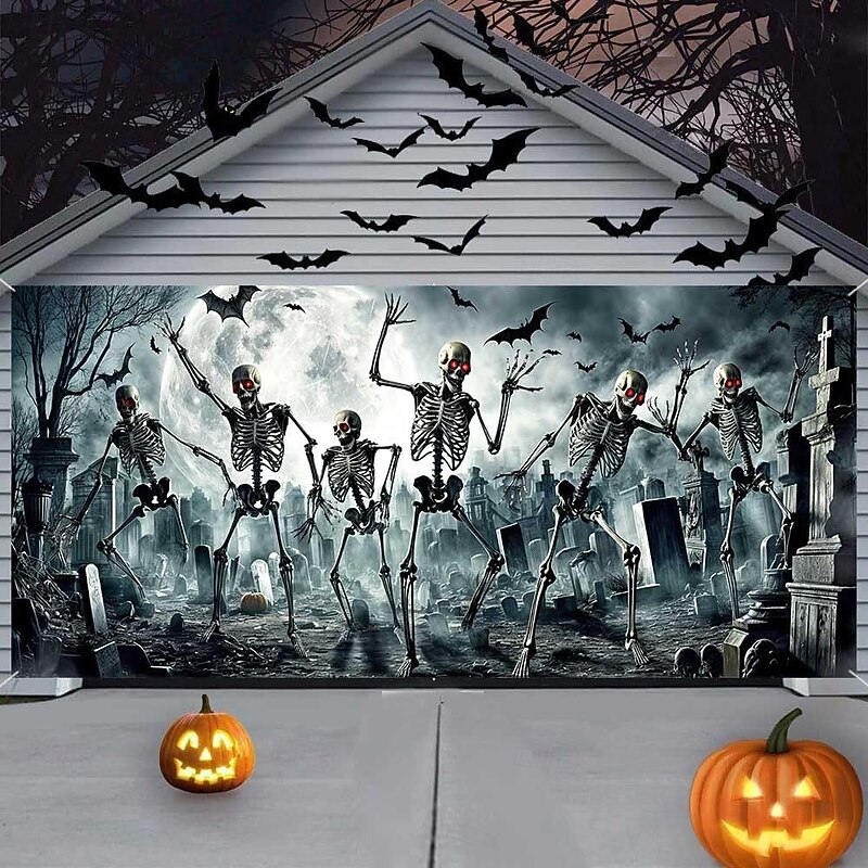 Halloween Garage Door Cover Large Hanging Backdrop Skeleton Cemetery 3D Dark Punk Gothic Style Party Outdoor Shooting Backgrounds Front Door Home Decor3