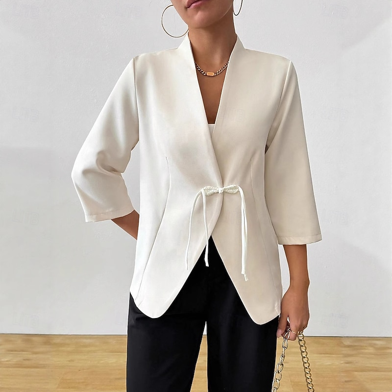 Women's Blazer Comfortable Buttons Elegant Vintage Fashion Daily Solid Color Formal Vacation Office Work Buttoned Front Regular V Neck Regular Fit 3/4 Length Sleeve Outerwear milky Spring Fall