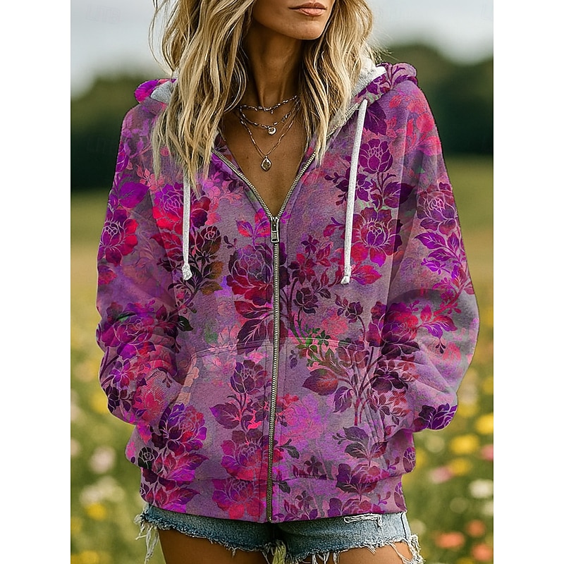 Women's 3D Print Vintage Boho Hoodie Patchwork Hoodie Sweatshirt Floral Zip Up s  Fashion Casual Long Sleeve Hooded  Street Dailywear Patchwork Zipper Pocket Red Blue Purple Fuchsia Green Spring Fall4