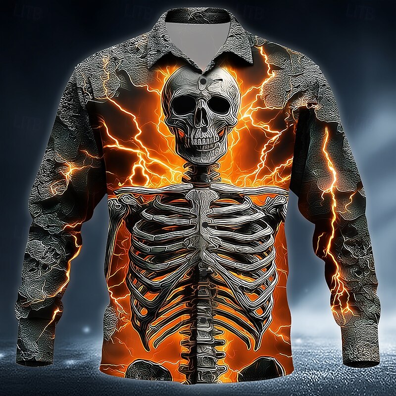 Halloween Men's Skull Lightning Skeleton Shirt Button Up Shirt Long Sleeve Dark Punk Gothic Style Outdoor Holiday Summer Spring Turndown 3D Print Collared Shirts Orange / Gray Dark Gray