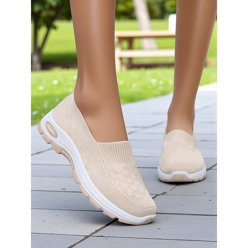 Women's Beige Flyknit Slip-On Comfort Sneakers – Lightweight Breathable Walking Shoes for Park, Errands and Everyday Wear2