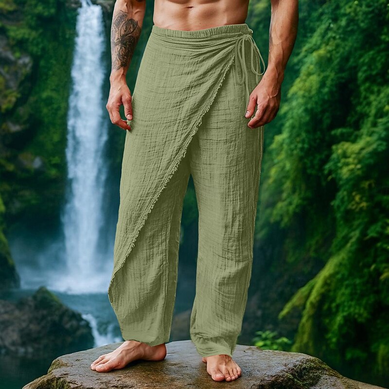 Men's Linen Pants Trousers Summer Pants Drawstring Elastic Waist Straight Leg Plain Comfort Breathable Full Length Casual Daily Holiday Vacation Fashion White Brown Micro-elastic2