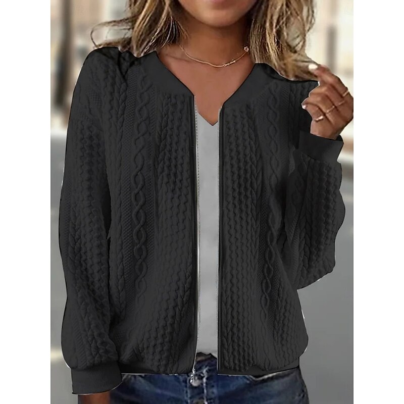 Women's Casual Jacket Comfortable Breathable Zipper Casual Plain Vacation Street Casual Daily Wear Zipper Short Stand Collar Regular Fit Long Sleeve Outerwear Light Blue Black White Spring Fall2