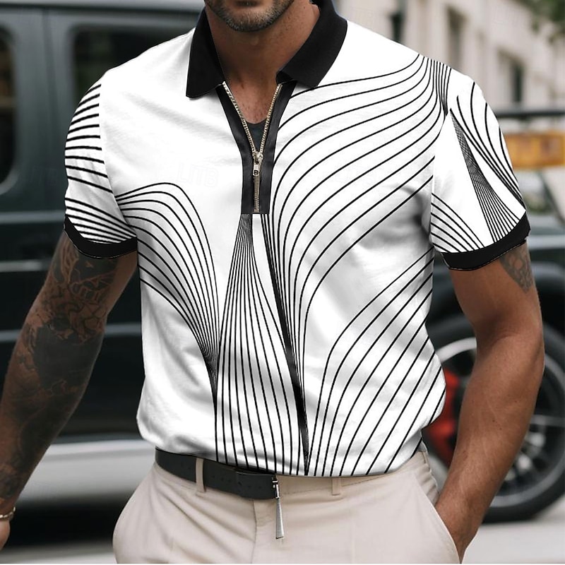Men's Geometic Line Zip Polo Shirts Short Sleeve Polo Shirts Collared Shirts Business Casual Business Athleisure Wear to work Daily Wear 3D Print Summer Black White