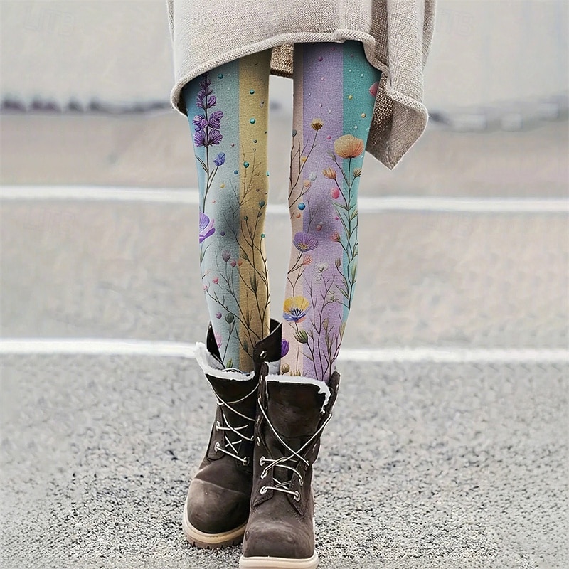 Women's Pants Trousers Leggings Cozy Leggings Streetwear Casual Full Length High Waist Floral Elastic Waist Print Breathability Comfortable Stretchy Vacation Street Daily Wear Yellow Blue Purple