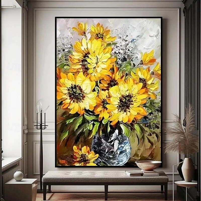 Handmade 3D sunflower Oil Painting Vibrant Floral Composition with Rich Color Palette and Impasto Brushstrokes Depicting Sunflower Bouquet for Elegant Home Decor3