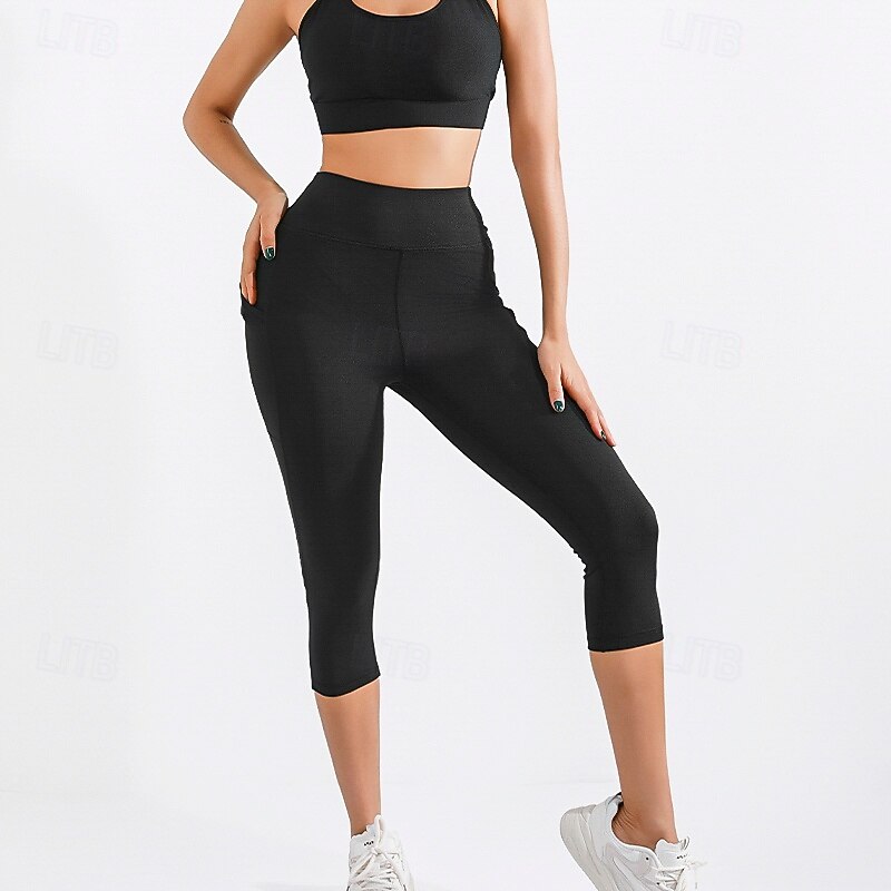 Women's high-waisted belt pocket shark leggings - summer cropped butt-lifting yoga pants