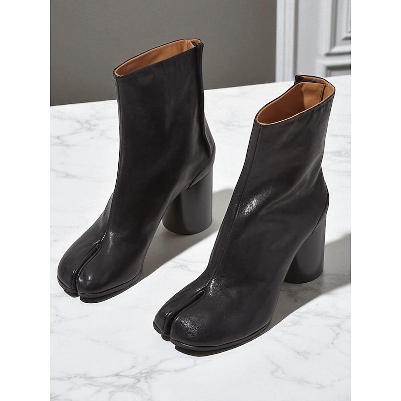 Women's Brown Faux Leather Tabi Mid-Calf Boots - Split Toe Chunky Heel Booties with Side Zip, Minimalist Modern Style for Fashion Events, Casual Wear and Fall Winter Street Outfits2