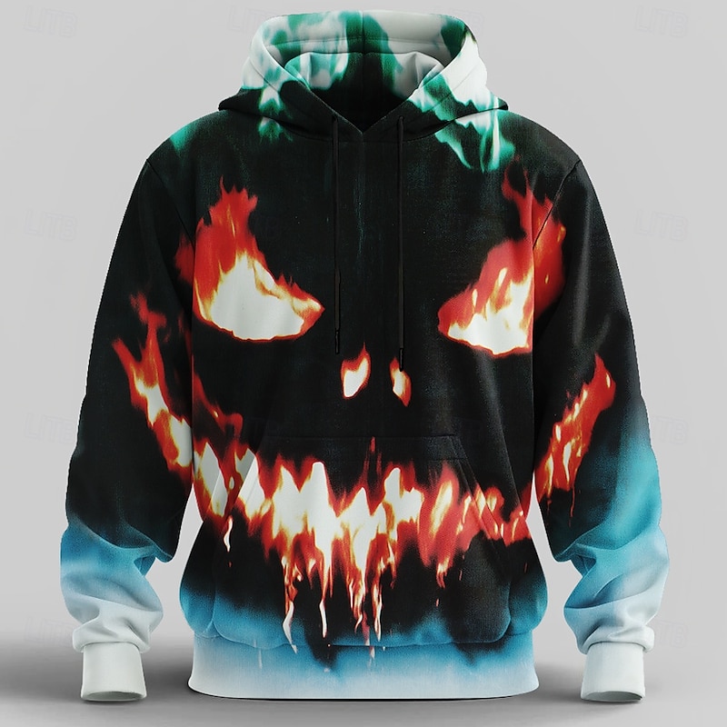 Halloween Men's Pumpkin 3D Hoodie Sweatshirt Punk Exaggerated Crew Neck Club Streetwear Blue Drawstring Fall Winter Designer