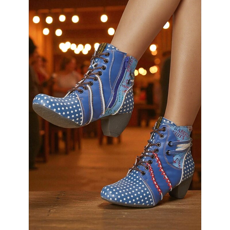 Women's 1950s Retro Polka Dot Ankle Boots – Blue Lace-Up Patchwork Leather Booties with Low Heels, Colorful Stitching, and Vintage Style for Casual Outfits, Festivals and Artistic Fashion Looks4