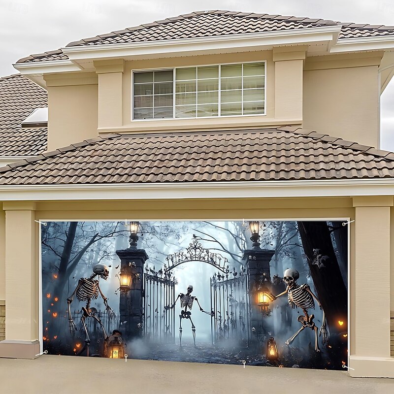 Halloween Garage Door Cover Large Hanging Backdrop Skeleton Ghost Zombies Cemetery Fantasy Psychedelic Party Outdoor Shooting Backgrounds Front Door Home Decor2