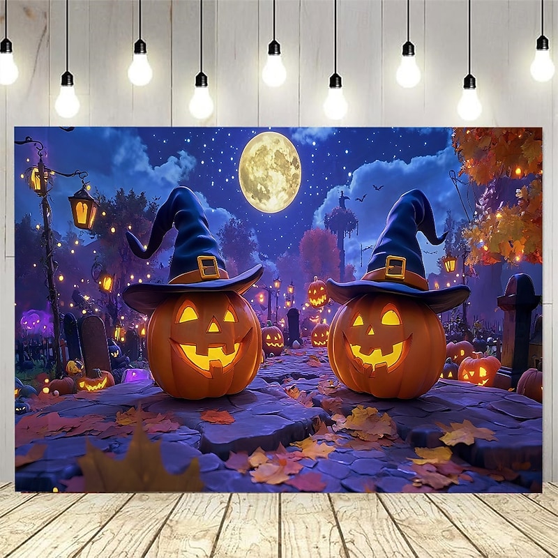 Halloween Photograph Backdrop Tapestry, Gloomy Cemetery, Pumpkin Lantern, and Full Moon Scenery Wall Hanging, Large Decorative Mural for Bedroom, Living Room, Party, and Home Decoration2