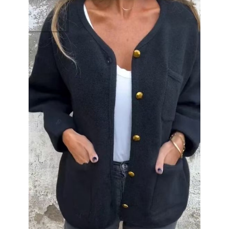 Women's Winter Coat Comfortable Breathable Pocket Buttons Fashion Daily Plain Outdoor Casual Daily Single Breasted Regular Crewneck Regular Fit Long Sleeve Outerwear Black White Khaki Spring Fall2