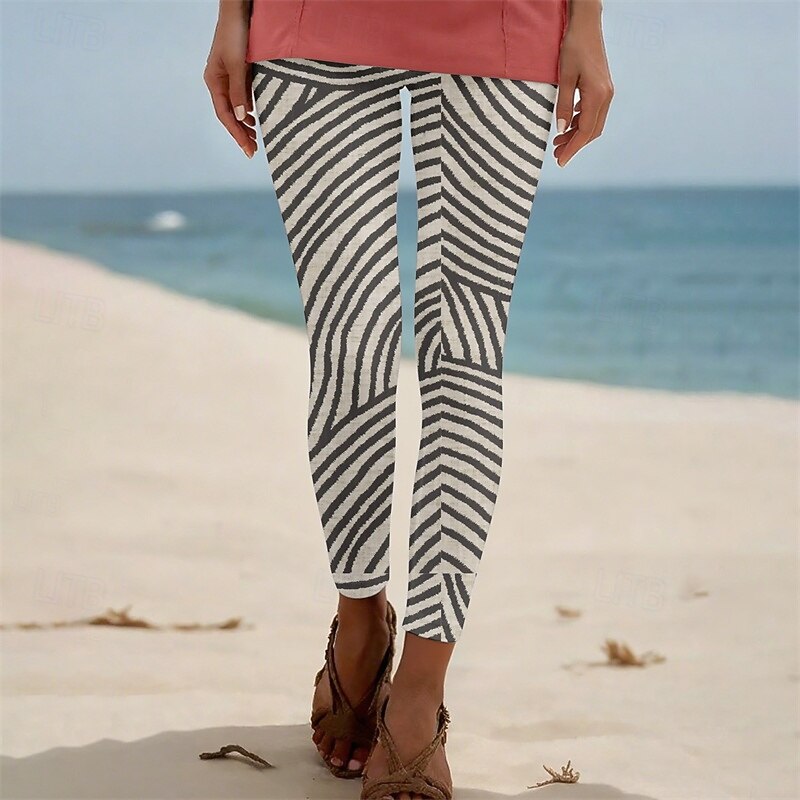 Women's Pants Trousers Leggings Cozy Leggings Streetwear Casual Full Length High Waist Stripe Elastic Waist Print Breathability Comfortable Stretchy Vacation Street Daily Wear Khaki Summer Spring Fall